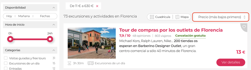 Ordenar por precio en Civitatis