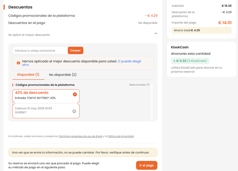 Aplicación del descuento de Klook