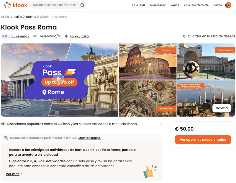 Pase turístico Roma exclusivo de Klook