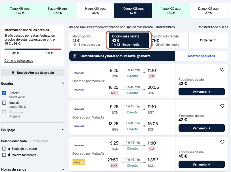 Opción más barata en Skyscanner