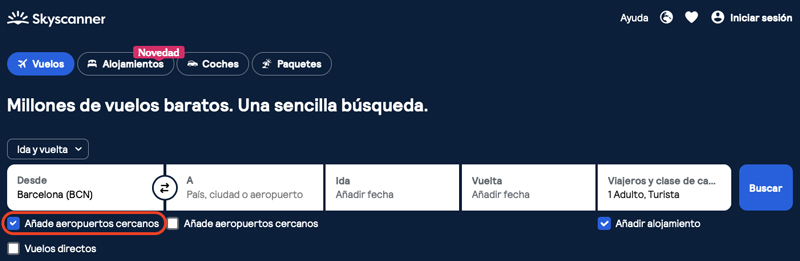 Opción de aeropuertos cercanos Skyscanner