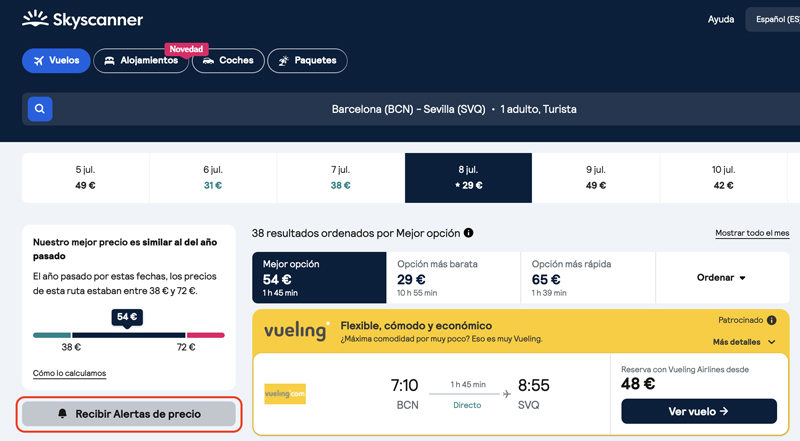 Alerta de precios en Skyscanner