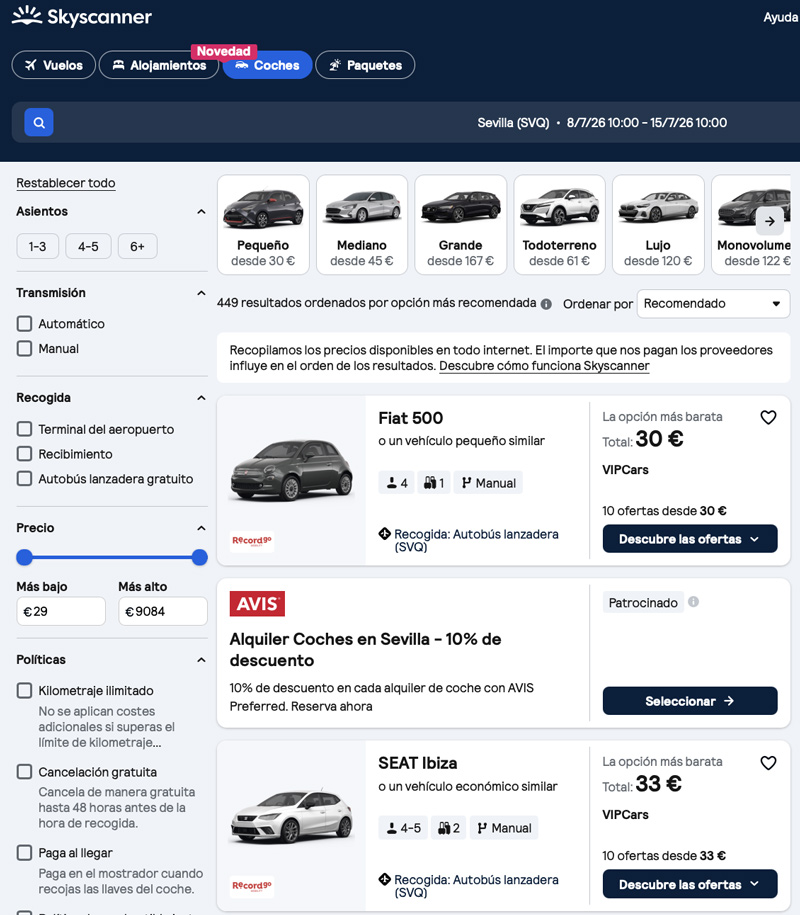 En Skyscanner también se pueden buscar coches de alquiler