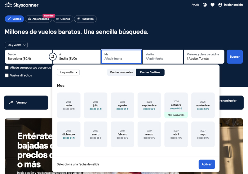 Fechas flexibles en Skyscanner