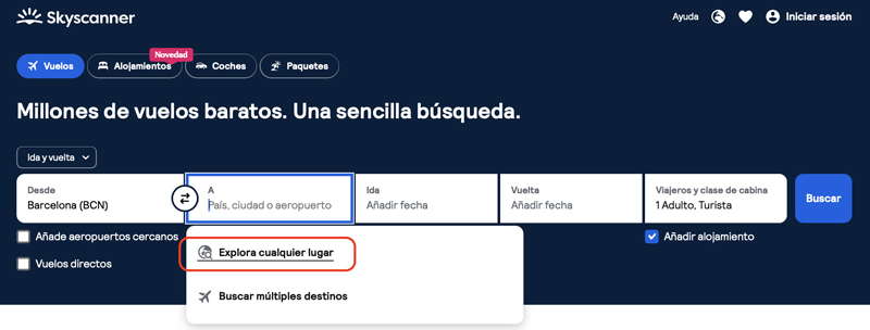 Búsqueda "a cualquier lugar" para encontrar promociones en Skyscanner
