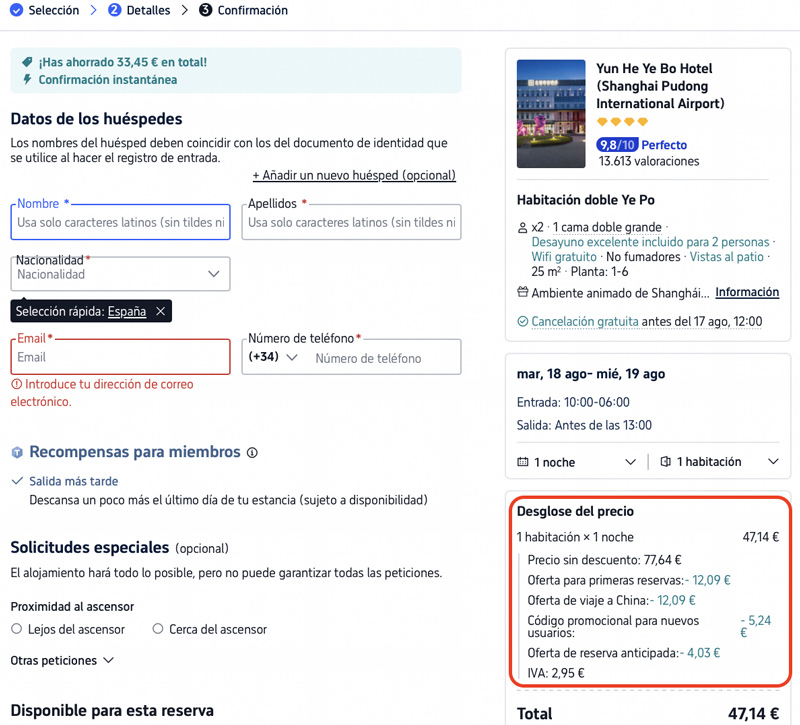 Proceso de reserva en Trip