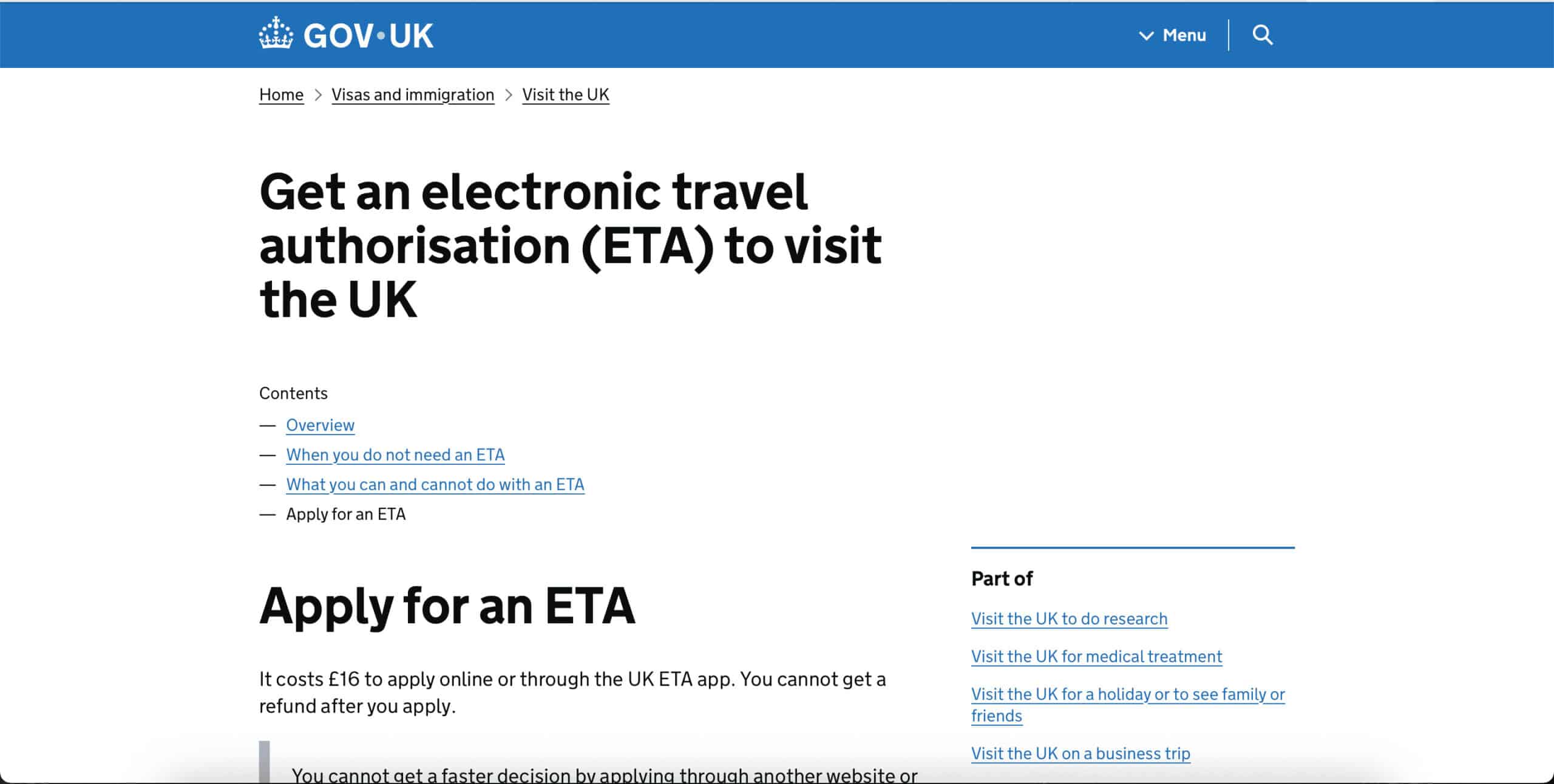 ETA para viajar a Londres