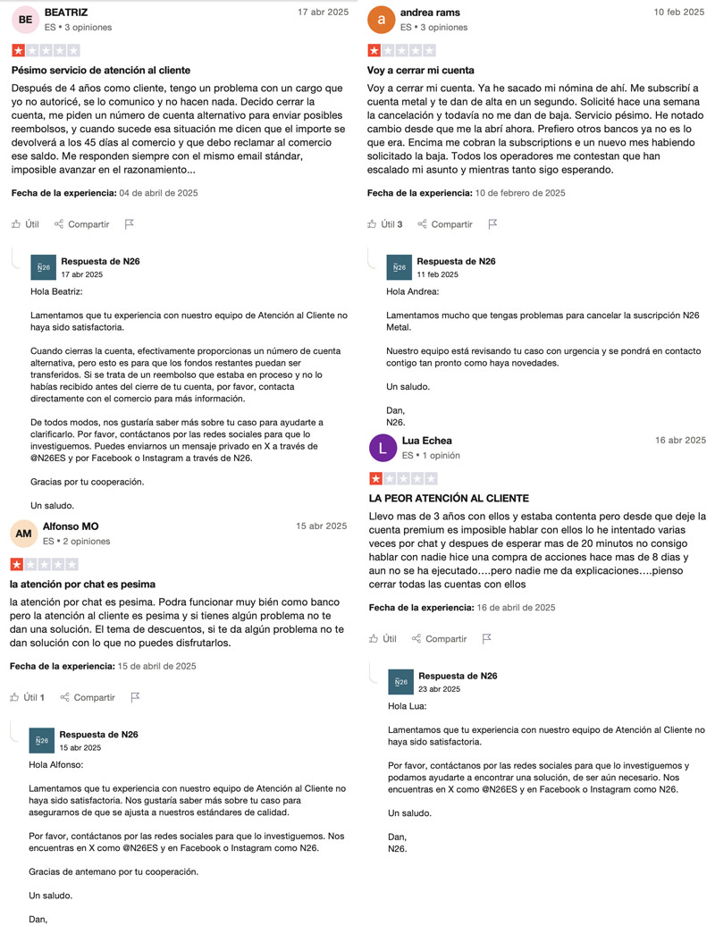 Malas opiniones atención cliente N26