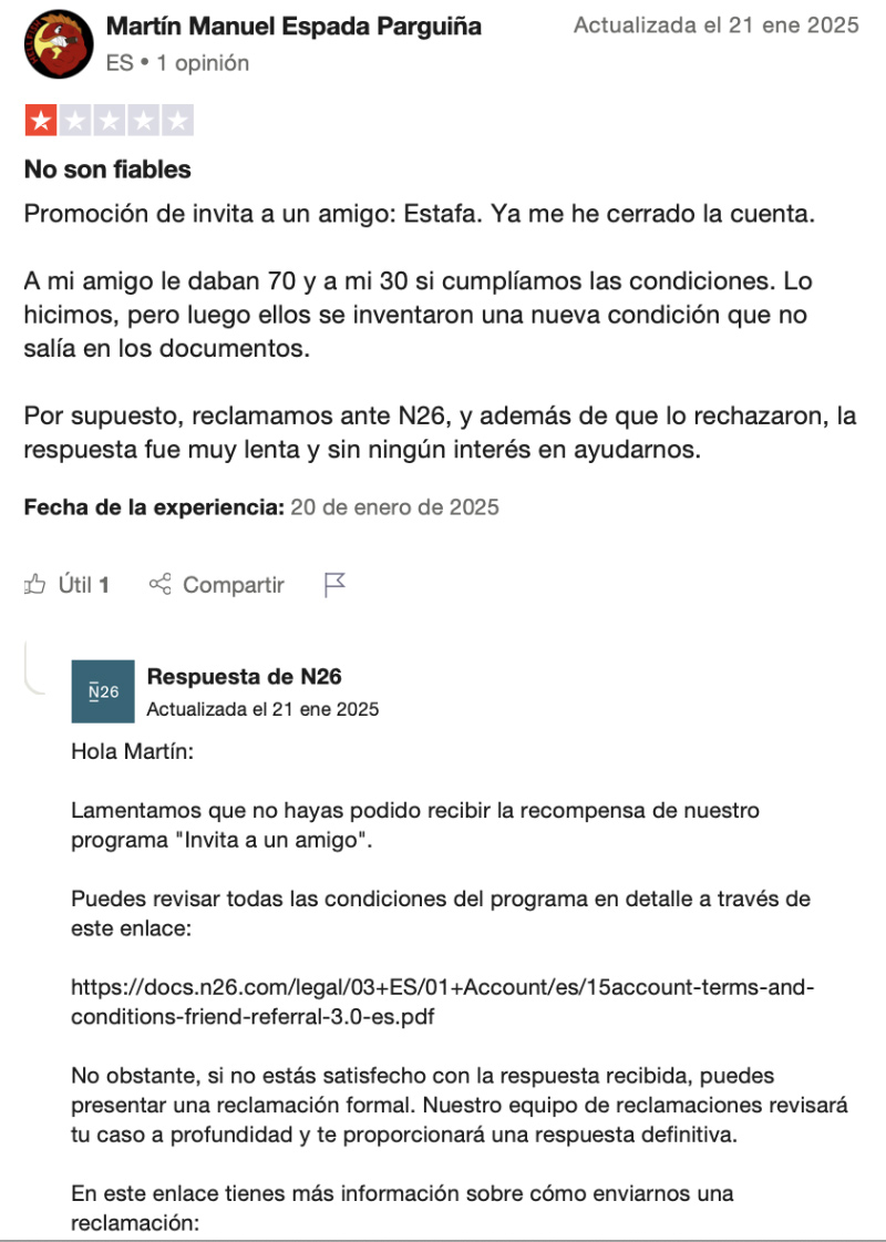 Opinión N26 negativa promociones
