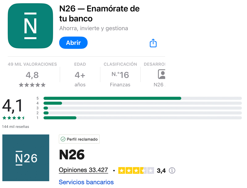 Valoraciones N26 en Apple Store, Google Play y Trustpilot
