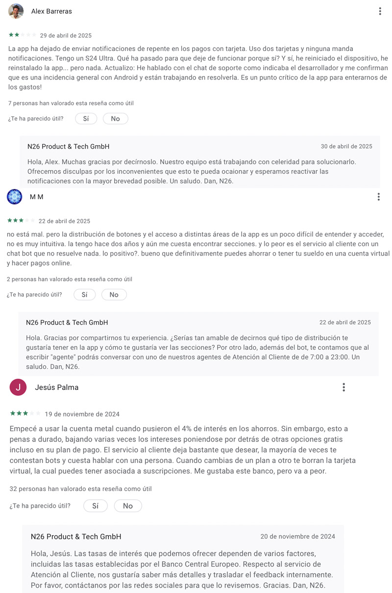 Críticas N26 Google Play