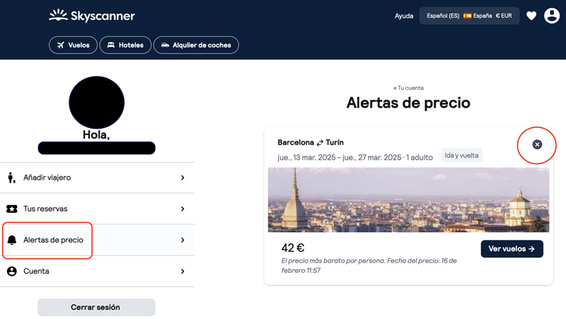 Puedes gestionar tus alertas de precio desde el perfil de usuario