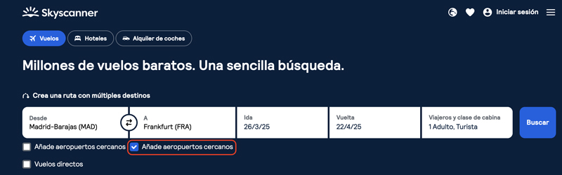 Filtro de aeropuertos cercanos en Skyscanner