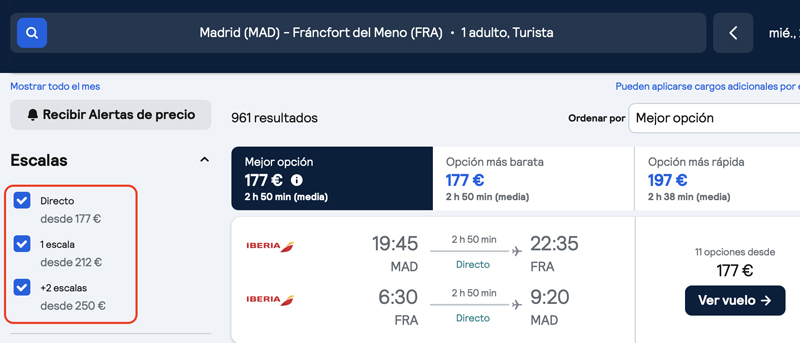 Los filtros de Skyscanner