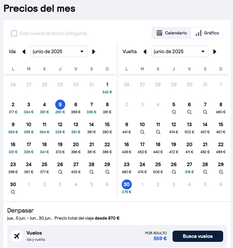 Paso 3: mirar a fondo el calendario de precios para elegir fechas