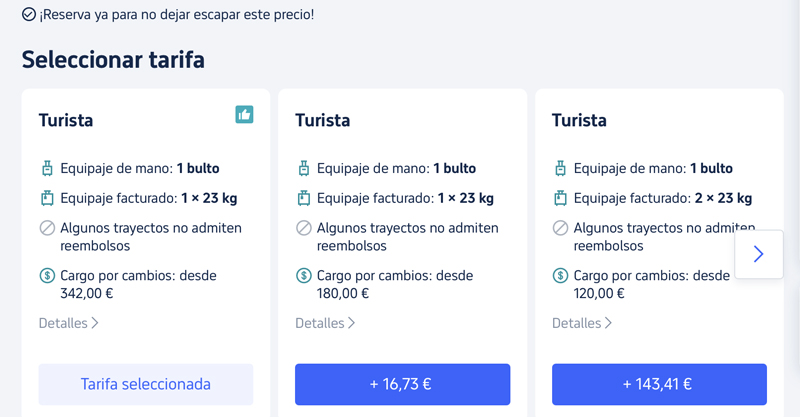 Paso 6: nos aseguramos de las políticas de equipaje y de gestión de las diferentes opciones y compramos en la que más nos interese